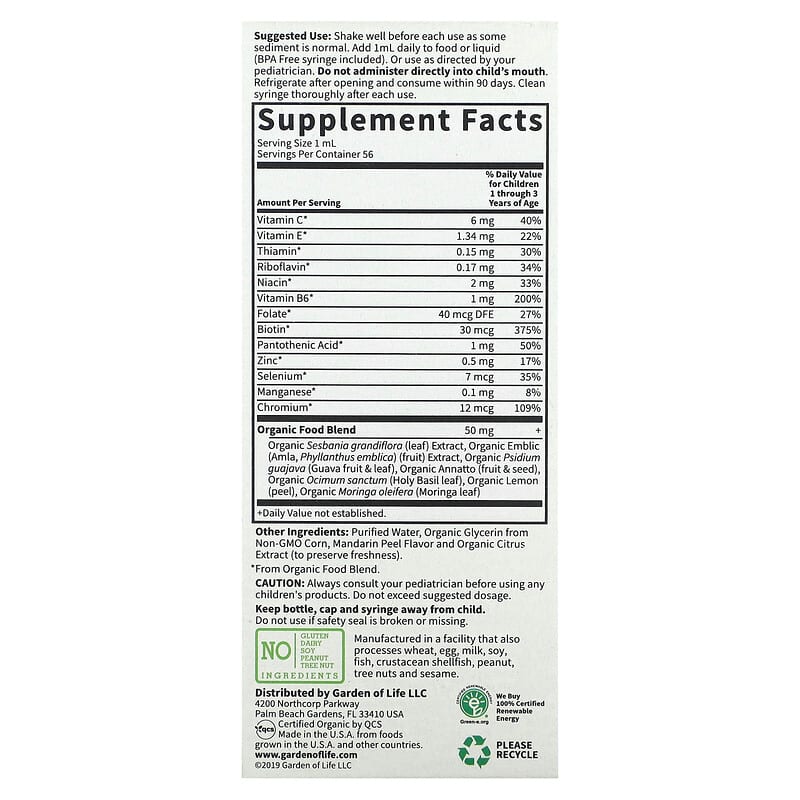 Garden of Life Baby Multivitamin Liquid 1.9 fl oz (56 ml) 2 Thành phần vi chất của Garden of Life Baby Multivitamin Liquid 1.9 fl oz (56 ml) 658010125208