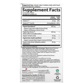 Thành phần vi chất của Garden of Life Dr. Formulated Brain Health Memory & Focus for Adults 40+ 60 Vegetarian Tablets 658010120708