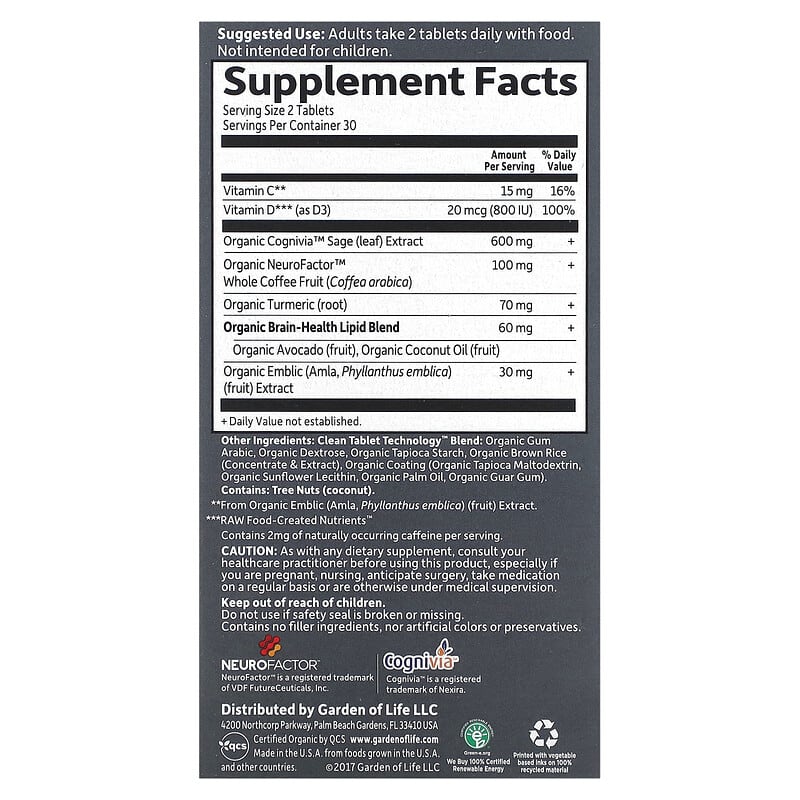 Garden of Life Dr. Formulated Brain Health Memory & Focus for Young Adults 60 Vegetarian Tablets 2 Thành phần vi chất của Garden of Life Dr. Formulated Brain Health Memory & Focus for Young Adults 60 Vegetarian Tablets 658010121279