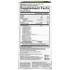 Thành phần vi chất của Garden of Life Dr. Formulated Probiotics Organic Kids + Tasty Organic Watermelon 30 Yummy Chewables 658010122153