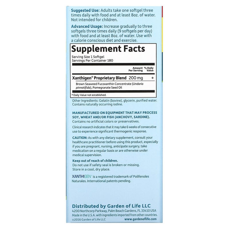 Garden of Life FucoThin 180 Softgels 2 Thành phần vi chất của Garden of Life FucoThin 180 Softgels 658010113755
