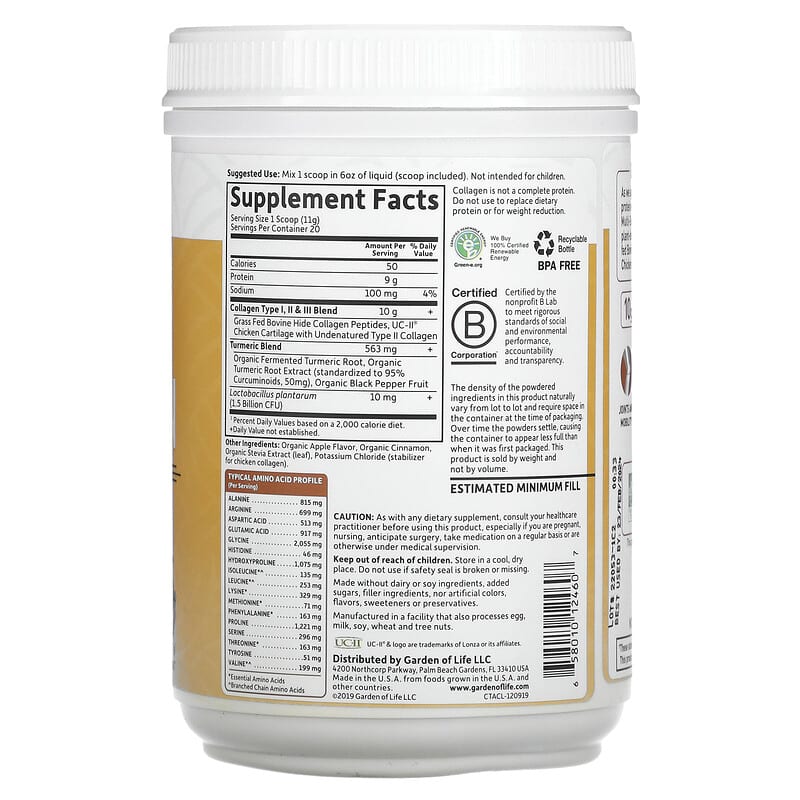 Garden of Life Multi-Sourced Collagen Turmeric Apple Cinnamon 7.76 oz (220 g) 2 Thành phần vi chất của Garden of Life Multi-Sourced Collagen Turmeric Apple Cinnamon 7.76 oz (220 g) 658010124607