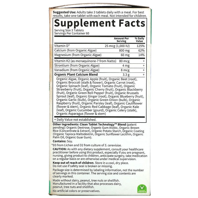 Garden of Life MyKind Organics Organic Plant Calcium 180 Vegan Tablets 2 Thành phần vi chất của Garden of Life MyKind Organics Organic Plant Calcium 180 Vegan Tablets 658010117616