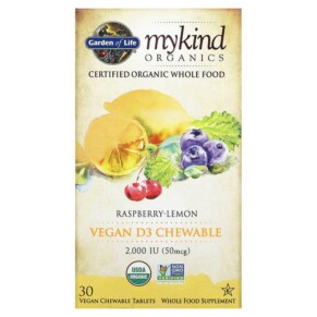 Thực phẩm chức năng Garden of Life MyKind Organics Vegan D3 Raspberry-Lemon 50 mcg (2.000 IU) 30 Vegan Chewable Tablets 658010118613