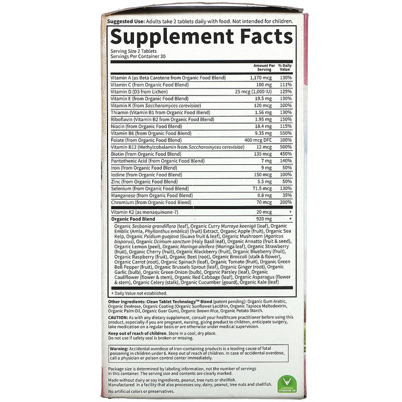 Garden of Life MyKind Organics Women's Multi 60 Vegan Tablets 2 Thành phần vi chất của Garden of Life MyKind Organics Women's Multi 60 Vegan Tablets 658010117739