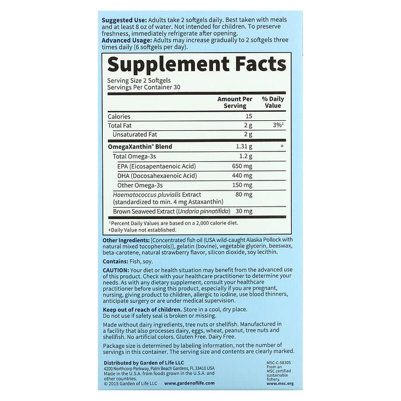 Garden of Life Oceans 3 Beyond Omega-3 with OmegaXanthin 60 Softgels 2 Thành phần vi chất của Garden of Life Oceans 3 Beyond Omega-3 with OmegaXanthin 60 Softgels 658010113854