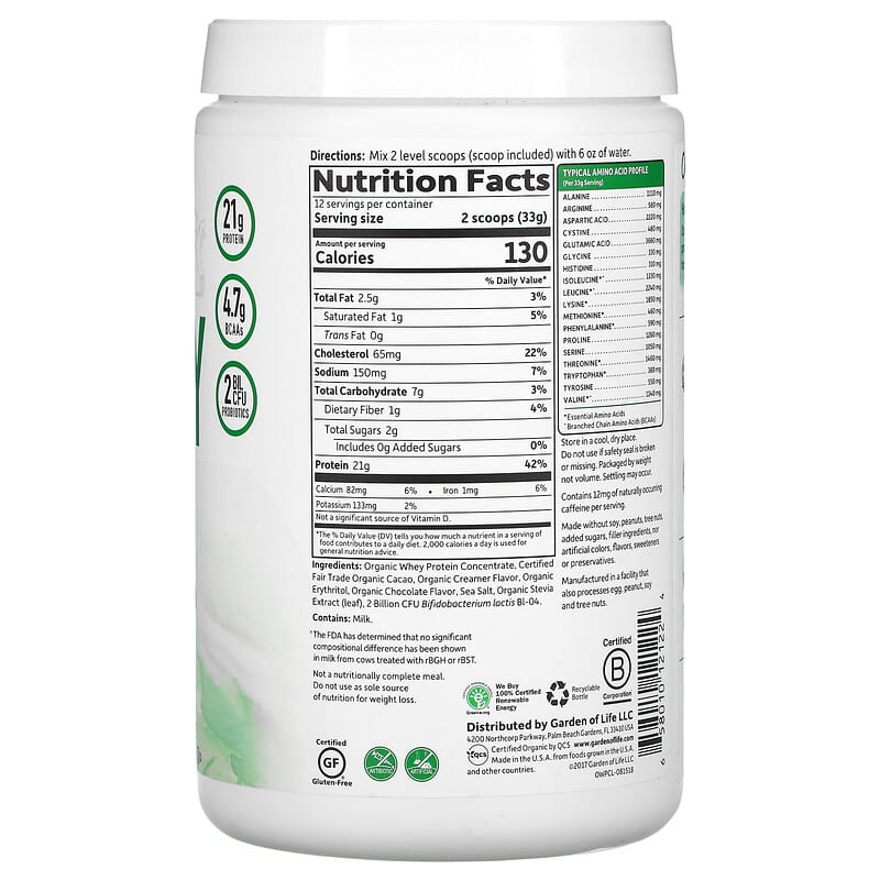 Garden of Life Organic Whey Protein Grass-Fed Chocolate Cacao 13.96 oz (396 g) 2 Thành phần vi chất của Garden of Life Organic Whey Protein Grass-Fed Chocolate Cacao 13.96 oz (396 g) 658010121224