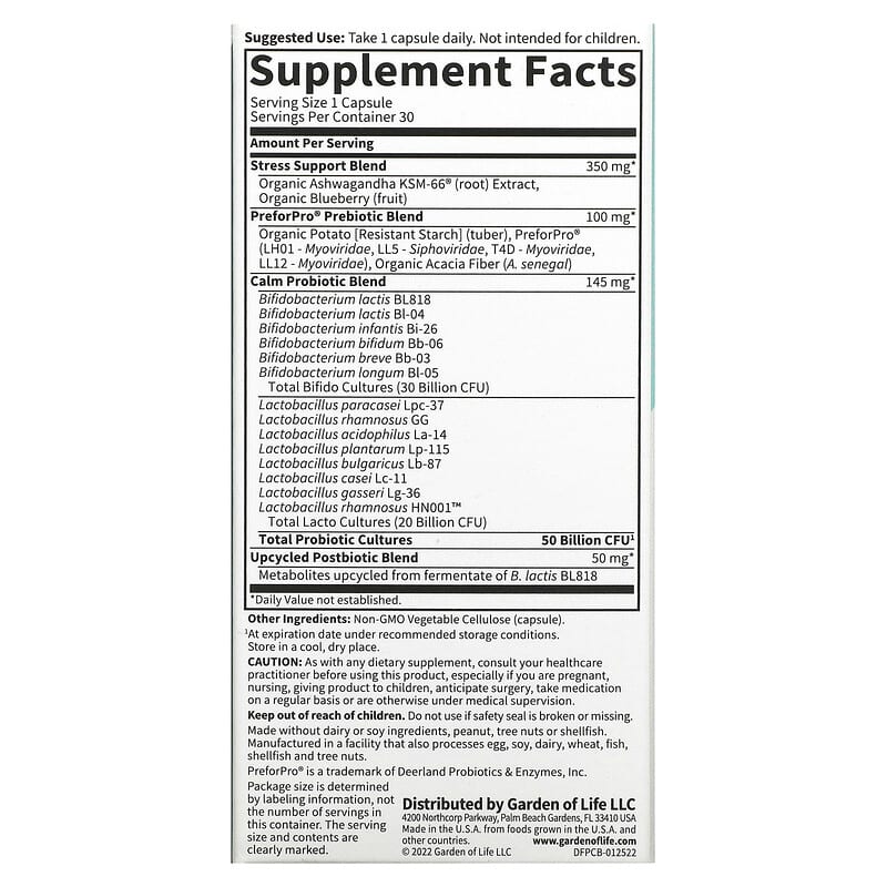 Garden of Life Probiotics Calm 50 Billion 30 Vegetarian Capsules 2 Thành phần vi chất của Garden of Life Probiotics Calm 50 Billion 30 Vegetarian Capsules 658010131803