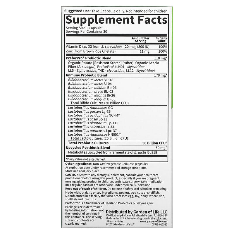Garden of Life Probiotics Immune 50 Billion 30 Vegetarian Capsules 2 Thành phần vi chất của Garden of Life Probiotics Immune 50 Billion 30 Vegetarian Capsules 658010131810