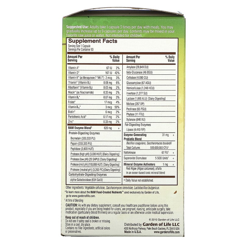 Garden of Life RAW Enzymes Women 50 & Wiser 90 Vegetarian Capsules 2 Thành phần vi chất của Garden of Life RAW Enzymes Women 50 & Wiser 90 Vegetarian Capsules 658010115643
