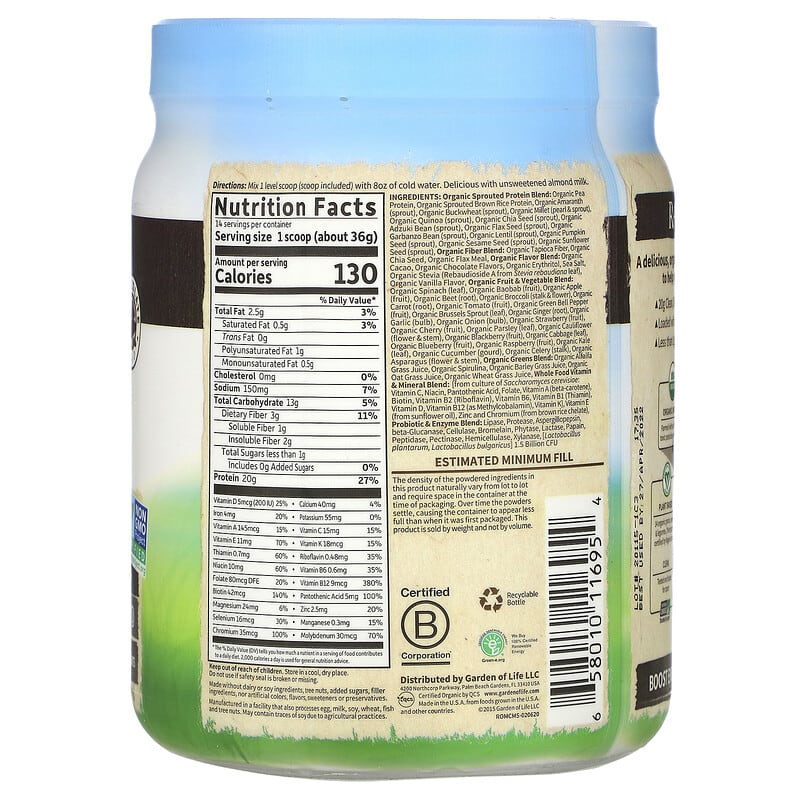 Garden of Life RAW Organic Meal Shake & Meal Replacement Chocolate Cacao 1 lb 2 oz (509 g) 2 Thành phần vi chất của Garden of Life RAW Organic Meal Shake & Meal Replacement Chocolate Cacao 1 lb 2 oz (509 g) 658010116954