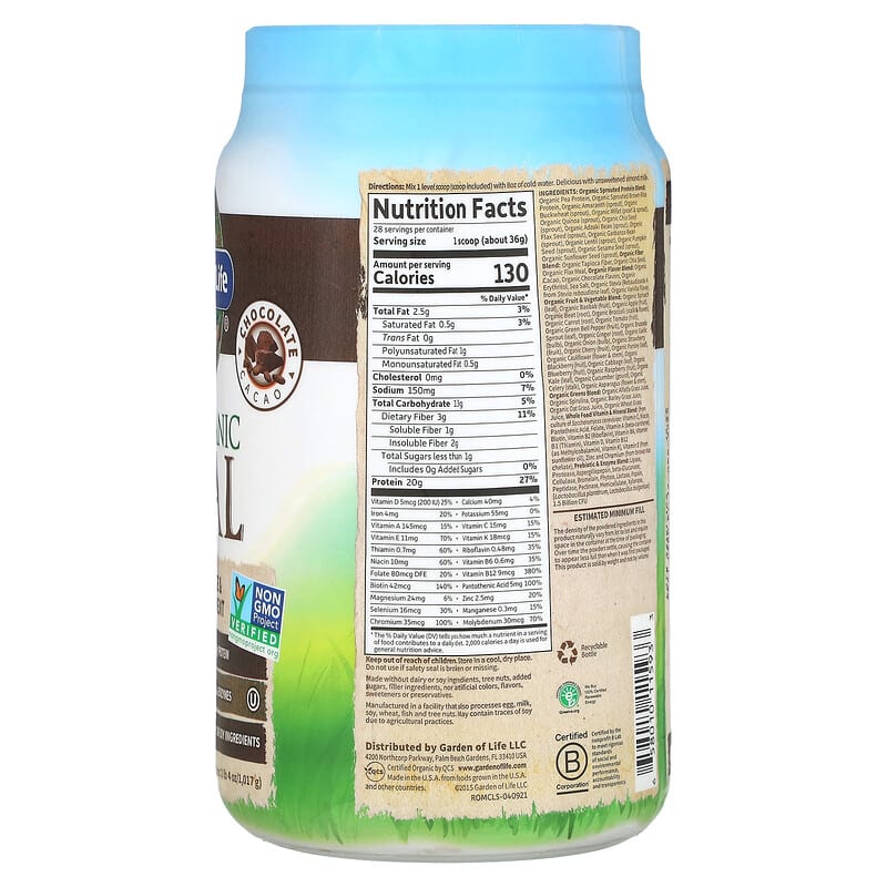 Garden of Life RAW Organic Meal Shake & Meal Replacement Chocolate Cacao 2 lb 4 oz (1.017 g) 2 Thành phần vi chất của Garden of Life RAW Organic Meal Shake & Meal Replacement Chocolate Cacao 2 lb 4 oz (1.017 g) 658010115933
