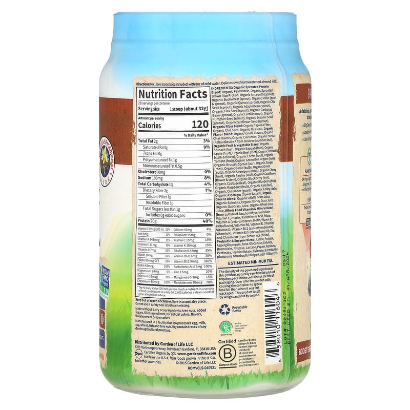 Garden of Life RAW Organic Meal Shake & Meal Replacement Vanilla Spiced Chai 2 lb 2 oz (907 g) 2 Thành phần vi chất của Garden of Life RAW Organic Meal Shake & Meal Replacement Vanilla Spiced Chai 2 lb 2 oz (907 g) 658010116046