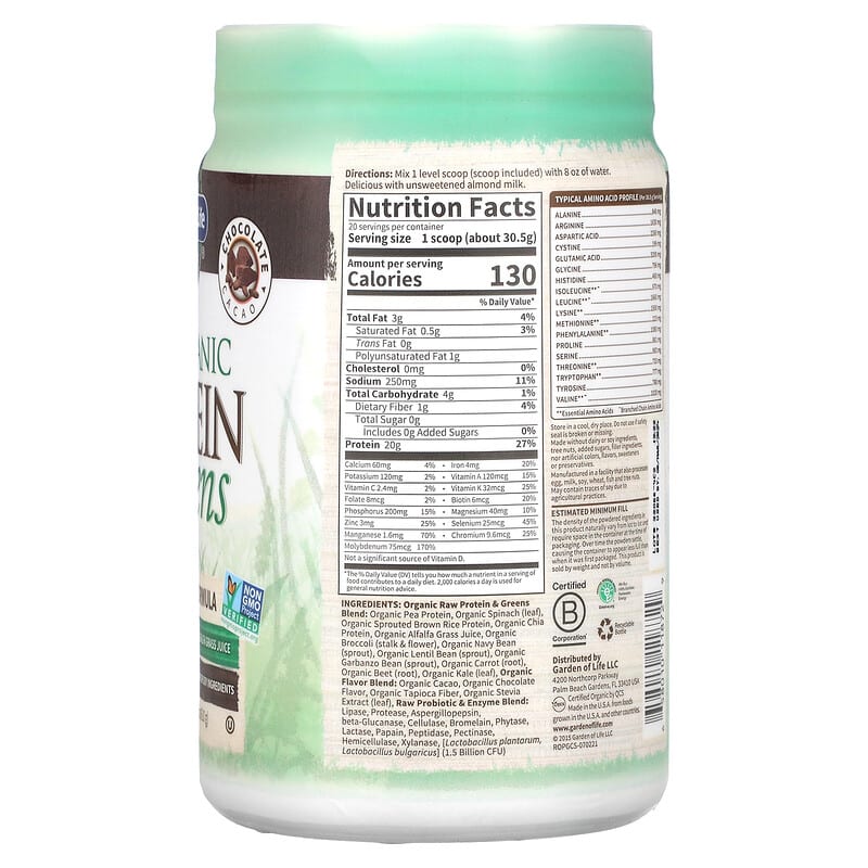 Garden of Life RAW Organic Protein & Greens Plant Formula Chocolate Cacao 21.51 oz (610 g) 2 Thành phần vi chất của Garden of Life RAW Organic Protein & Greens Plant Formula Chocolate Cacao 21.51 oz (610 g) 658010118729