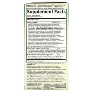 Thành phần vi chất của Garden of Life RAW Probiotics Colon Care 30 Vegetarian Capsules 658010116657