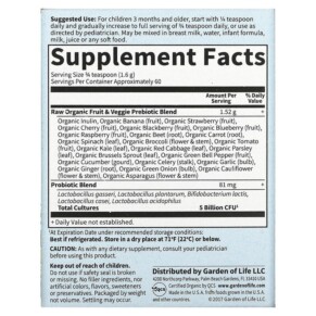 Thành phần vi chất của Garden of Life RAW Probiotics Kids 5 Billion CFU 3.4 oz (96 g) 658010115698