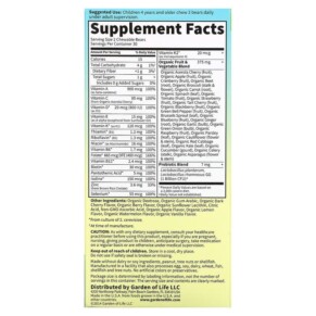 Thành phần vi chất của Garden of Life Vitamin Code Kids Chewable Whole Food Multivitamin Cherry Berry 60 Chewable Bears 658010114400