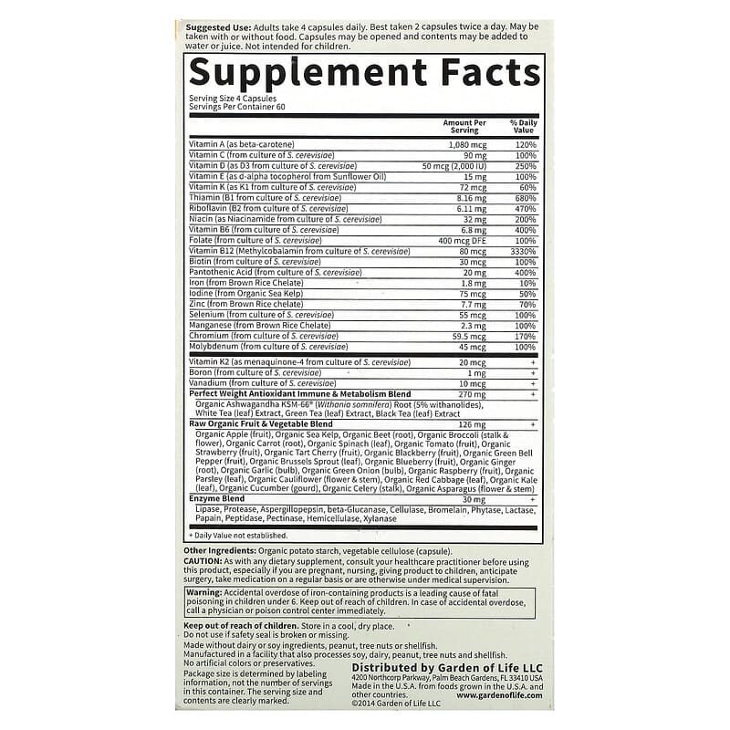 Garden of Life Vitamin Code Perfect Weight 240 Vegetarian Capsules 2 Thành phần vi chất của Garden of Life Vitamin Code Perfect Weight 240 Vegetarian Capsules 658010114219
