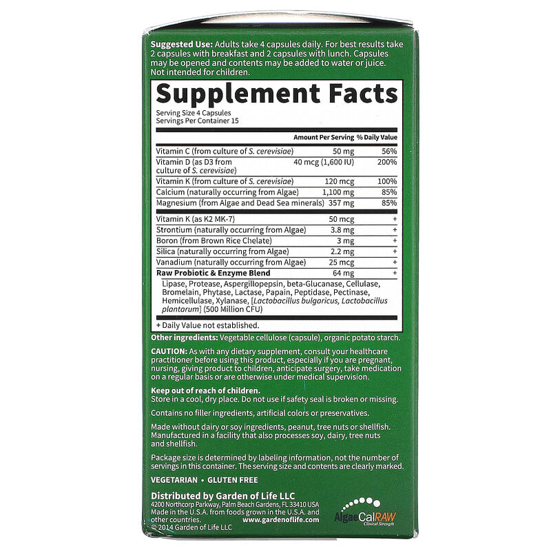 Garden of Life Vitamin Code RAW Calcium 60 Vegetarian Capsules 2 Thành phần vi chất của Garden of Life Vitamin Code RAW Calcium 60 Vegetarian Capsules 658010113915