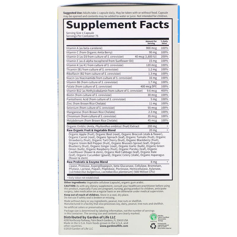 Garden of Life Vitamin Code RAW One Once Daily Multivitamin For Men 75 Vegetarian Capsules 2 Thành phần vi chất của Garden of Life Vitamin Code RAW One Once Daily Multivitamin For Men 75 Vegetarian Capsules 658010114028