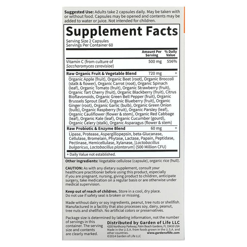 Garden of Life Vitamin Code RAW Vitamin C 120 Vegan Capsules 2 Thành phần vi chất của Garden of Life Vitamin Code RAW Vitamin C 120 Vegan Capsules 658010116558