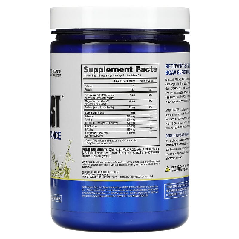 Gaspari Nutrition Aminolast Recovery & Endurance BCAA Superfuel Lemon Ice 14.8 oz (420 g) 2 Thành phần vi chất của Gaspari Nutrition Aminolast Recovery & Endurance BCAA Superfuel Lemon Ice 14.8 oz (420 g) 646511008410