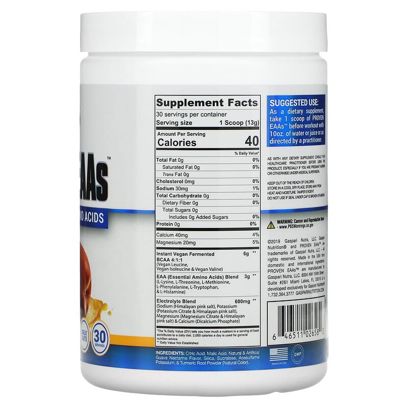 Gaspari Nutrition Proven EAAs with 9 Essential Amino Acids Guava Nectarine 13.75 oz (390 g) 2 Thành phần vi chất của Gaspari Nutrition Proven EAAs with 9 Essential Amino Acids Guava Nectarine 13.75 oz (390 g) 646511026582