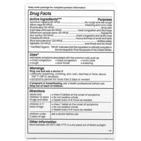 Thành phần vi chất của Genexa LLC Cold Crush Cold & Cough Organic Acai Berry 60 Chewable Tablets 857630006069