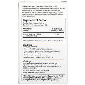 Thành phần vi chất của Genexa LLC Infants´ Vitamin D Newborn+ Organic Vanilla 200 IU 200 Drops 0.2 fl oz (6 ml) 857630006601