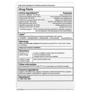 Thành phần vi chất của Genexa LLC Kids´ Calm Keeper Calming & Relaxation Ages 3+ Vanilla & Lavender 60 Chewable Tablets 857630006106