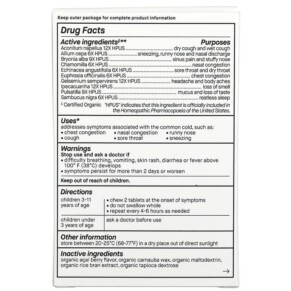 Thành phần vi chất của Genexa LLC Kids´ Cold Crush Cold & Cough Ages 3+ Organic Acai Berry 60 Chewable Tablets 857630006045