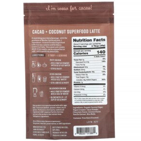 Thành phần vi chất của Hana Beverage Cacao & Coconut Latte Non-Coffee Superfood Beverage 3.3 oz (93.6 g) 898220013869