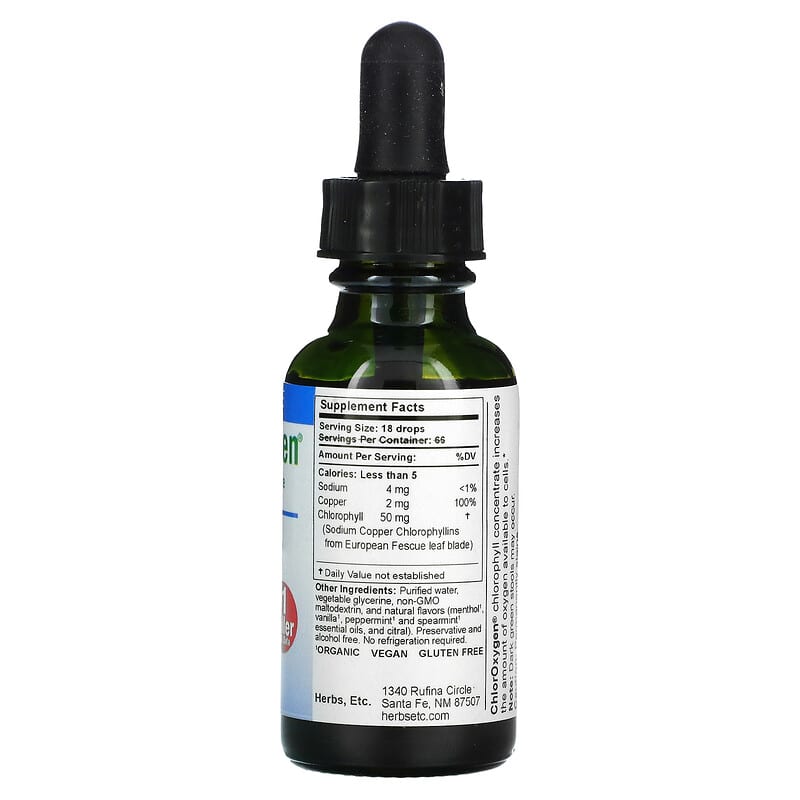 Herbs Etc. ChlorOxygen Chlorophyll Concentrate Alcohol Free Mint 1 fl oz (30 ml) 2 Thành phần vi chất của Herbs Etc. ChlorOxygen Chlorophyll Concentrate Alcohol Free Mint 1 fl oz (30 ml) 765704319215