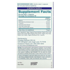 Thành phần vi chất của Himalaya Hello ZZZs 60 Vegan Capsules 605069991179