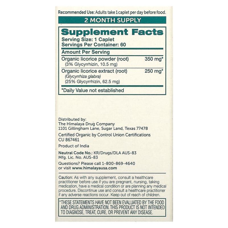 Himalaya Organic Licorice Digestive Support 60 Caplets 2 Thành phần vi chất của Himalaya Organic Licorice Digestive Support 60 Caplets 605069420013