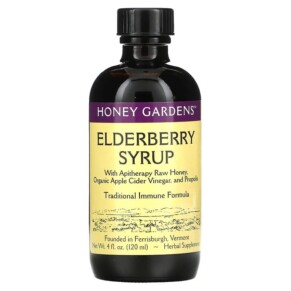 Thực phẩm chức năng Honey Gardens Elderberry Syrup with Apitherapy Raw Honey Organic Apple Cider Vinegar and Propolis 4 fl oz (120 ml) 022318000084