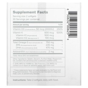 Thành phần vi chất của HVMN Kado Daily Omega-3 Healthkit 60 Softgels 850632006259