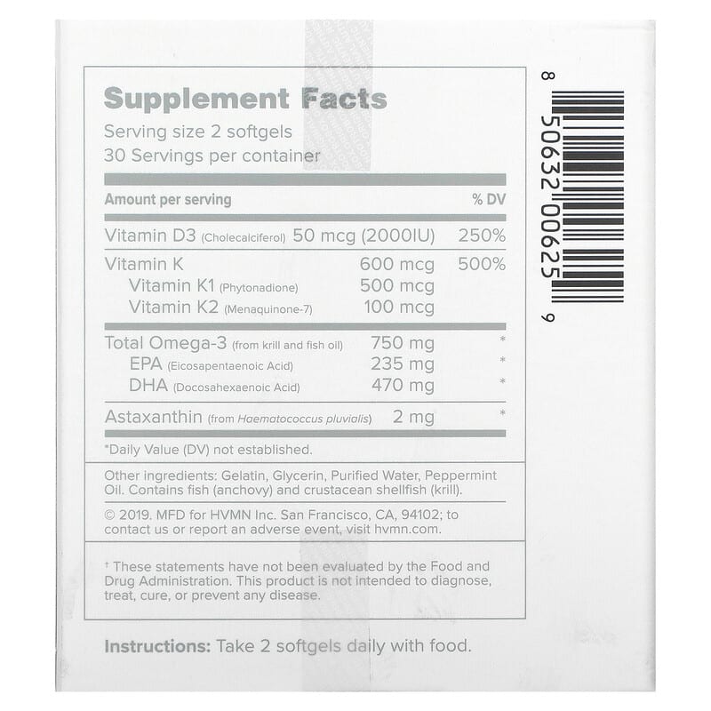 HVMN Kado Daily Omega-3 Healthkit 60 Softgels 2 Thành phần vi chất của HVMN Kado Daily Omega-3 Healthkit 60 Softgels 850632006259