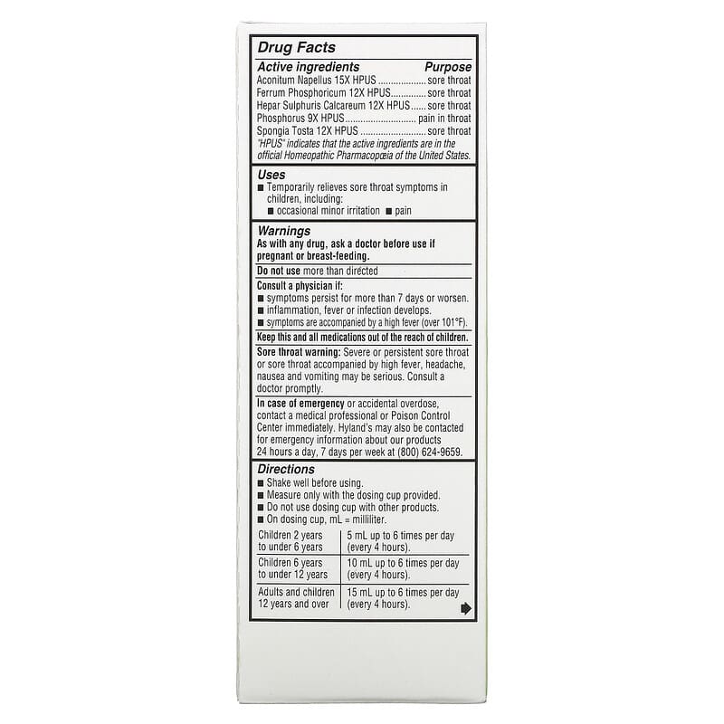 Hyland's 4 Kids Sore Throat 2-12 Years Natural Grape 4 fl oz (118 ml) 2 Thành phần vi chất của Hyland's 4 Kids Sore Throat 2-12 Years Natural Grape 4 fl oz (118 ml) 354973402010