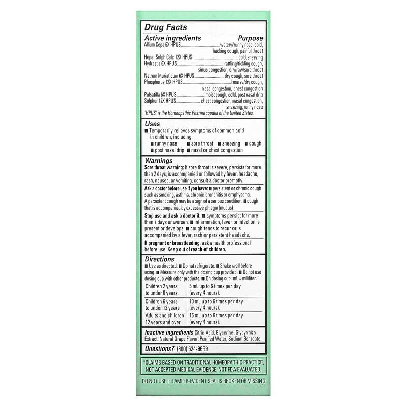 Hyland's Kids Cold & Cough Daytime Ages 2-12 Natural Grape 4 fl oz (118 ml) 2 Thành phần vi chất của Hyland's Kids Cold & Cough Daytime Ages 2-12 Natural Grape 4 fl oz (118 ml) 354973324312