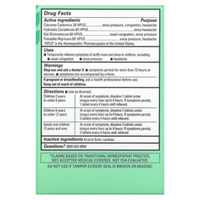 Thành phần vi chất của Hyland's Kids Stuffy Nose and Sinus 2-12 Years 50 Quick-Dissolving Tablets 354973340619