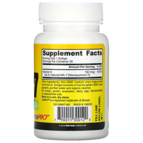 Thành phần vi chất của Jarrow Formulas MK-7 Most Active Form of Vitamin K2 180 mcg 30 Softgels 790011300120