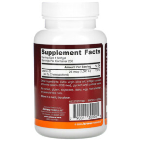 Thành phần vi chất của Jarrow Formulas Vitamin D3 Cholecalciferol 25 mcg (1.000 IU) 200 Softgels 790011300045