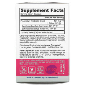 Thành phần vi chất của Jarrow Formulas Women's Fem Dophilus 30 Veggie Caps 790011030416