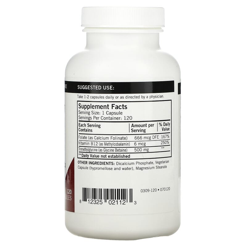 Kirkman Labs TMG with Folate & Methyl B-12 500 mg 120 Capsules 2 Thành phần vi chất của Kirkman Labs TMG with Folate & Methyl B-12 500 mg 120 Capsules 812325021123