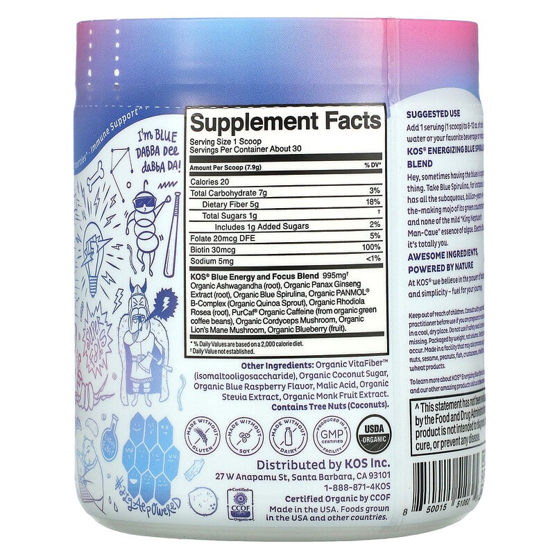 KOS Bolt from the Blue Energizing Blue Spirulina Blend Electric Boostberry Flavored 8.36 oz (237 g) 2 Thành phần vi chất của KOS Bolt from the Blue Energizing Blue Spirulina Blend Electric Boostberry Flavored 8.36 oz (237 g) 850015510625
