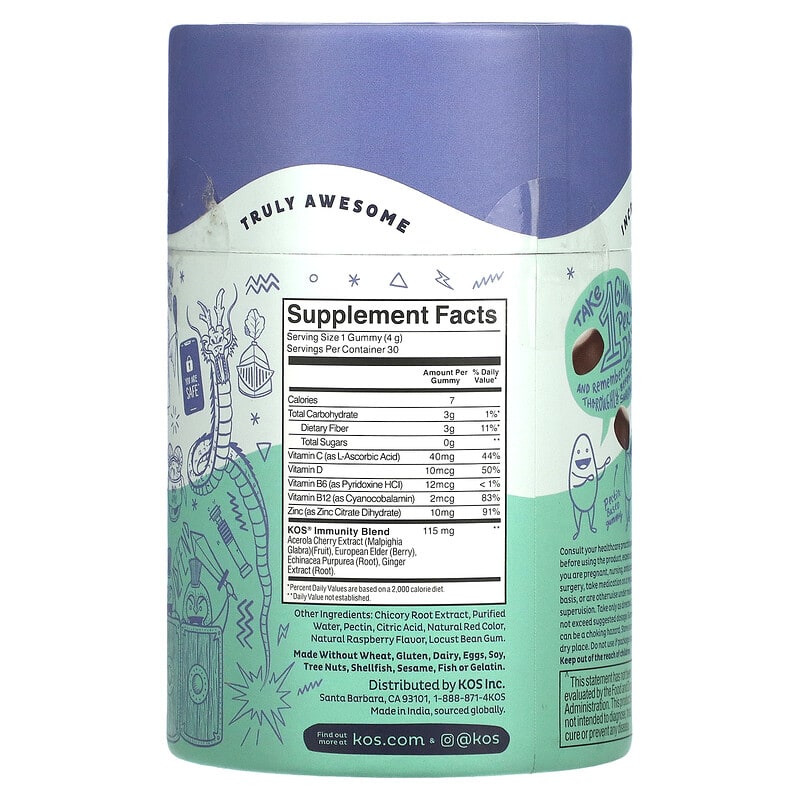 KOS Intense Defense Immunity Gummies Raspberry 30 Gummies 2 Thành phần vi chất của KOS Intense Defense Immunity Gummies Raspberry 30 Gummies 850015510311