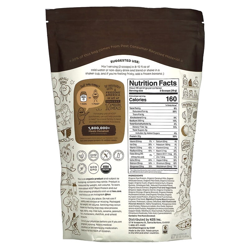 KOS Organic Plant Protein Chocolate 2.4 lb (1092 g) 2 Thành phần vi chất của KOS Organic Plant Protein Chocolate 2.4 lb (1092 g) 850000503793