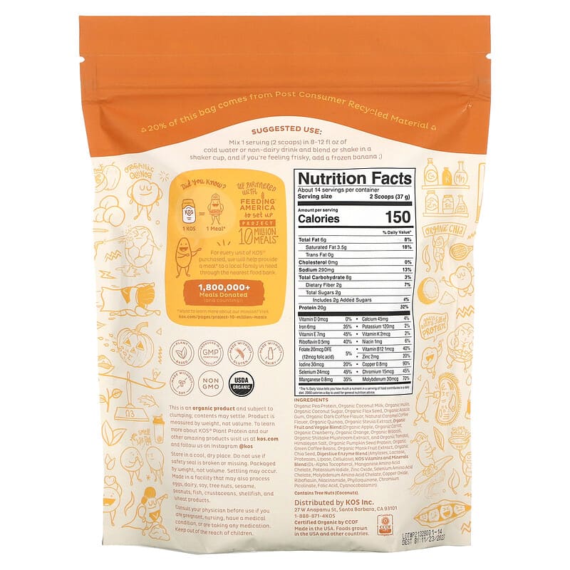 KOS Organic Plant Protein Salted Caramel Coffee 1.1 lb (518 g) 2 Thành phần vi chất của KOS Organic Plant Protein Salted Caramel Coffee 1.1 lb (518 g) 850015510915