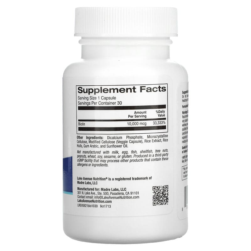 Lake Avenue Nutrition Biotin 10.000 mcg 30 Veggie Capsules 2 Thành phần vi chất của Lake Avenue Nutrition Biotin 10.000 mcg 30 Veggie Capsules 898220017133